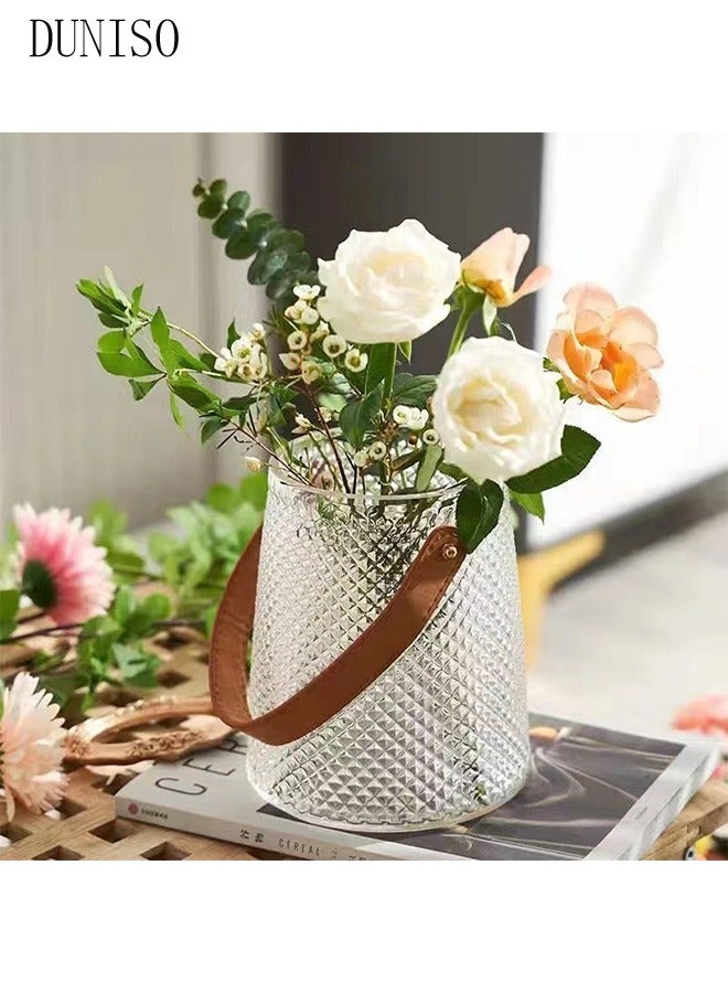 DUNISO Light Luxury Glass Vase With Leather Handle Vases Plant Pot Ornaments Tall Vase Hydroponic Bottle Vase Home Decoration Clear Flower Vase Simple Vase (12.5*12.5*16 cm)  - Image 3