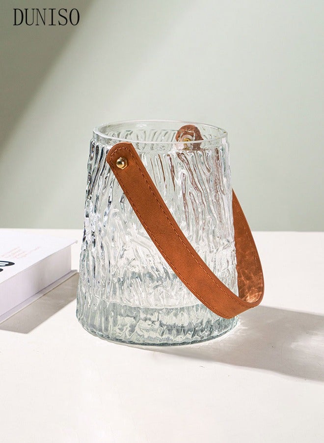 DUNISO Light Luxury Glass Vase With Leather Handle Vases Plant Pot Ornaments Tall Vase Hydroponic Bottle Vase Home Decoration Clear Flower Vase Simple Vase (12.5*12.5*16 cm)  - Image 1