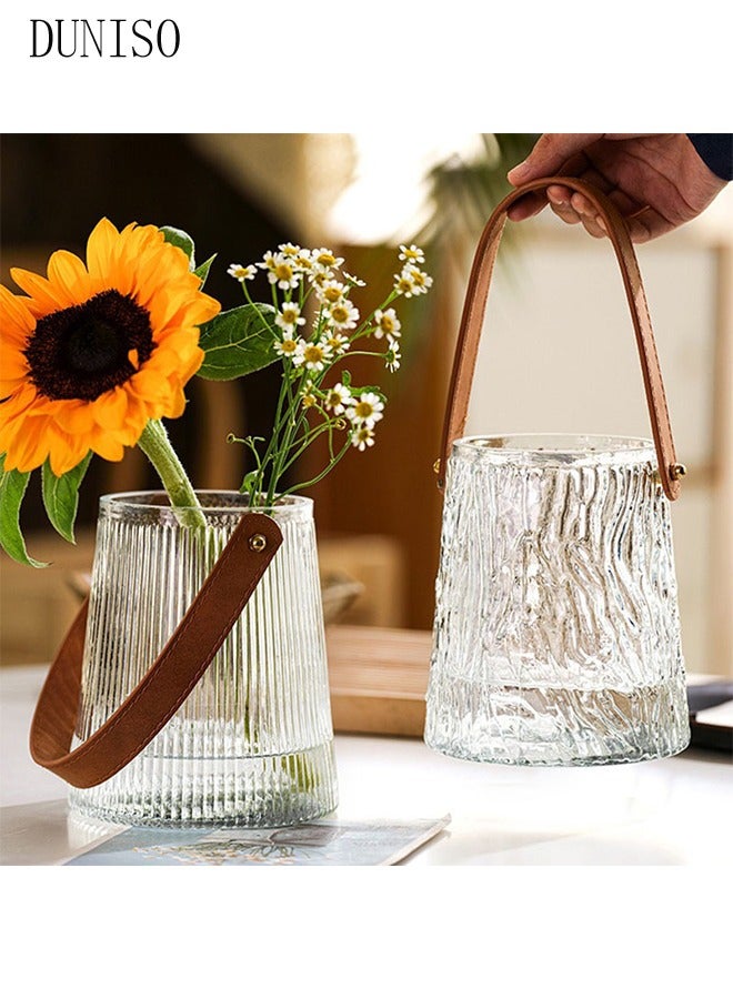 DUNISO Light Luxury Glass Vase With Leather Handle Vases Plant Pot Ornaments Tall Vase Hydroponic Bottle Vase Home Decoration Clear Flower Vase Simple Vase (12.5*12.5*16 cm)  - Image 2