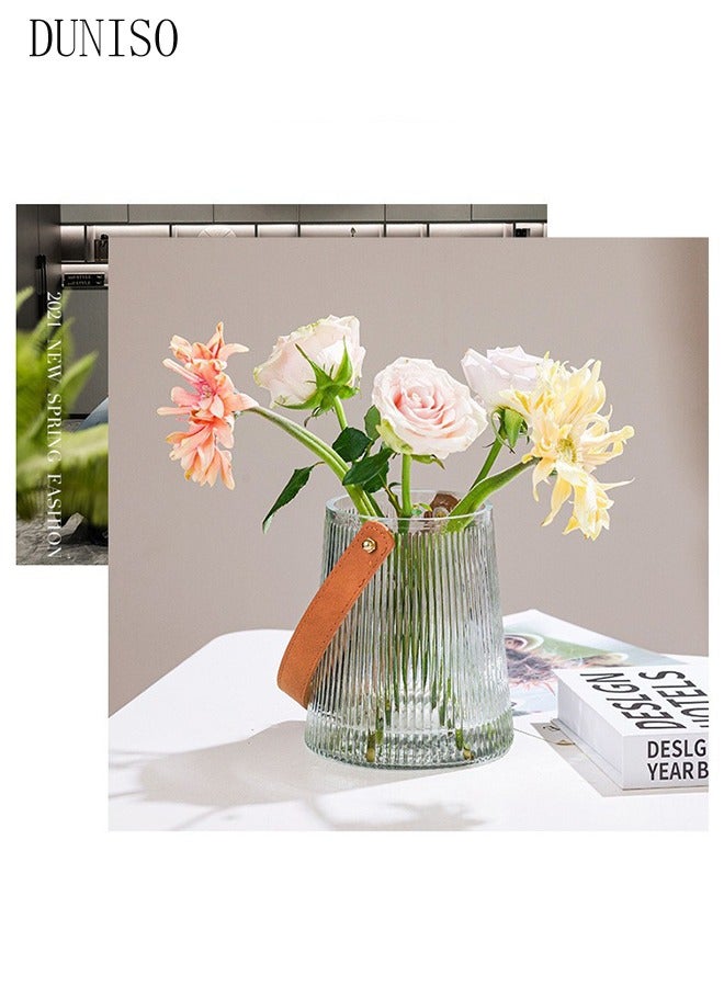 DUNISO Light Luxury Glass Vase With Leather Handle Vases Plant Pot Ornaments Tall Vase Hydroponic Bottle Vase Home Decoration Clear Flower Vase Simple Vase (12.5*12.5*16 cm)  - Image 4