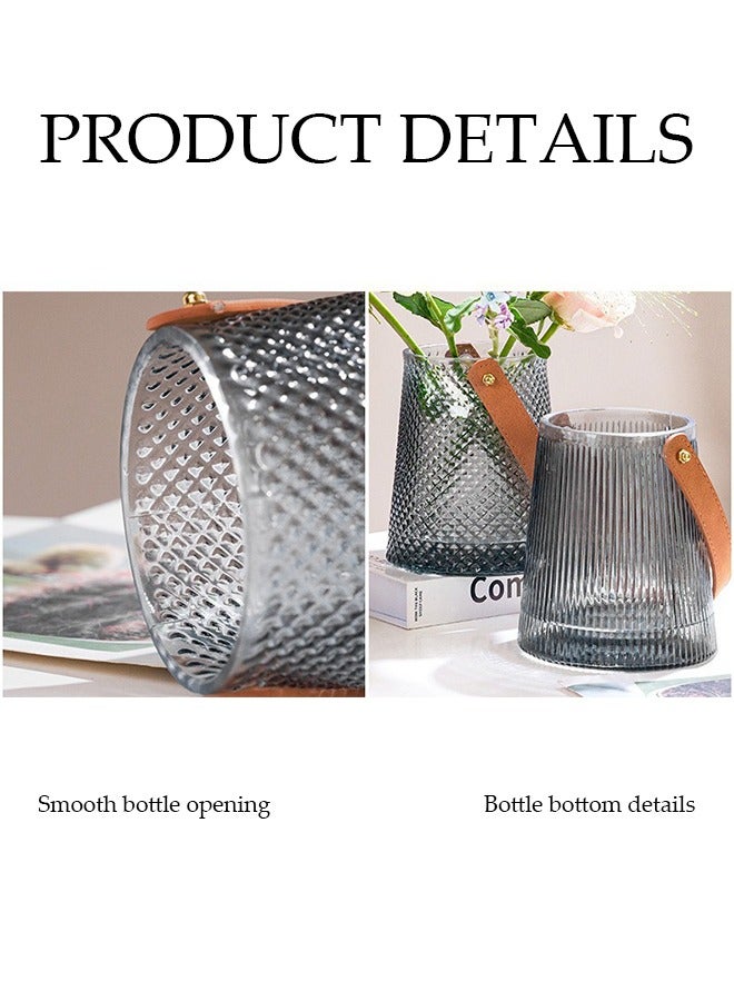 DUNISO Light Luxury Glass Vase With Leather Handle Vases Plant Pot Ornaments Tall Vase Hydroponic Bottle Vase Home Decoration Clear Flower Vase Simple Vase (12.5*12.5*16 cm)  - Image 5