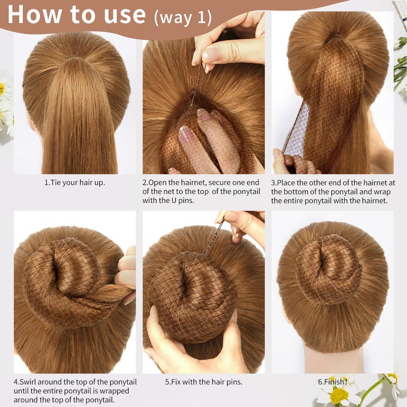 TsMADDTs Hair Nets and U Shaped Pins Set - 30 Hair Nets, 30 2.4 INCH Hair Pins, 5 Hair Bands, Brown - Image 5