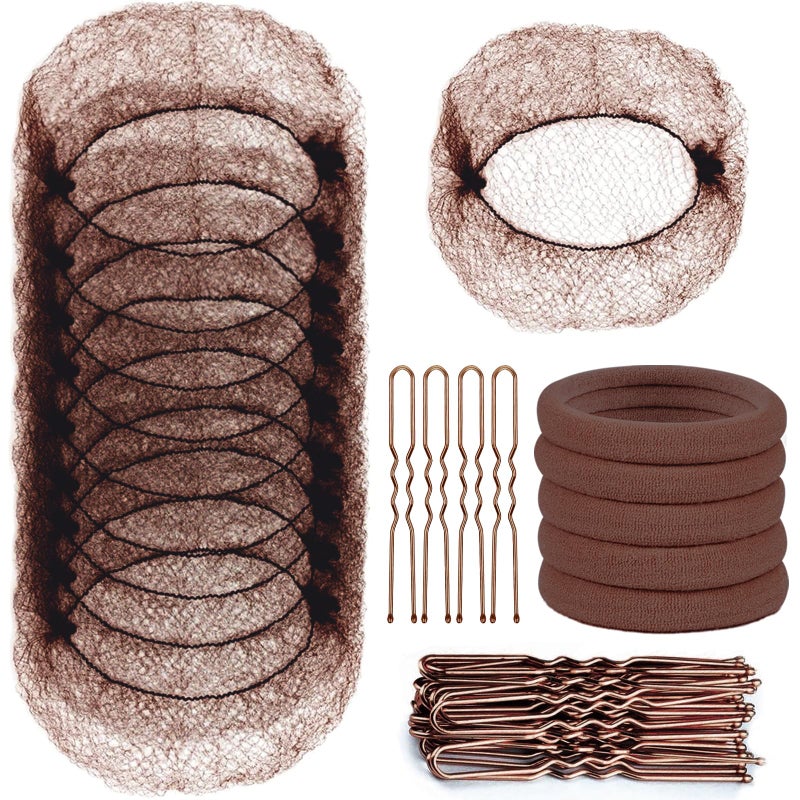 TsMADDTs Hair Nets and U Shaped Pins Set - 30 Hair Nets, 30 2.4 INCH Hair Pins, 5 Hair Bands, Brown - Image 1