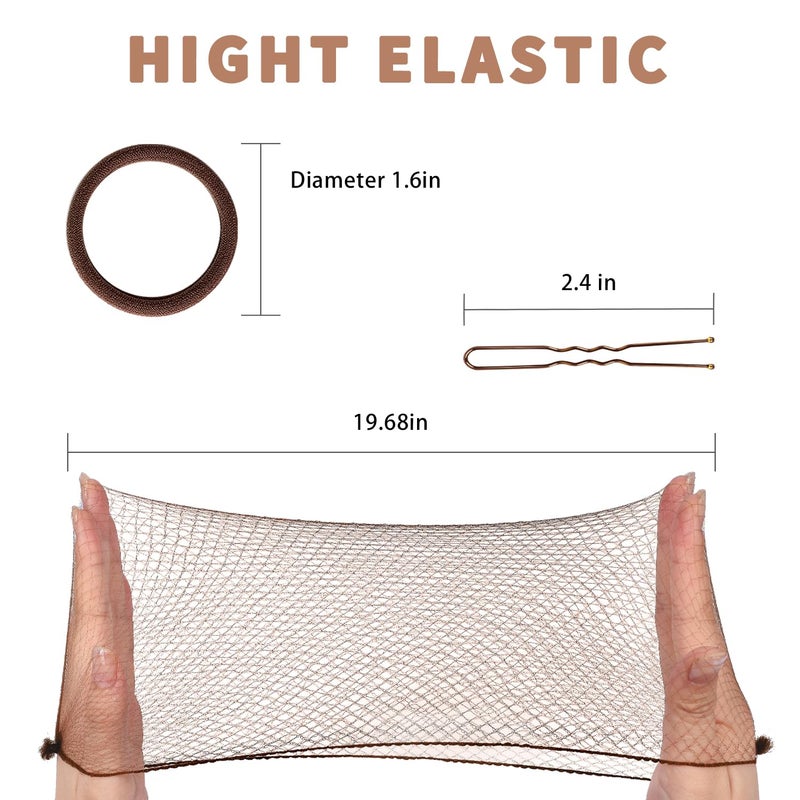 TsMADDTs Hair Nets and U Shaped Pins Set - 30 Hair Nets, 30 2.4 INCH Hair Pins, 5 Hair Bands, Brown - Image 2