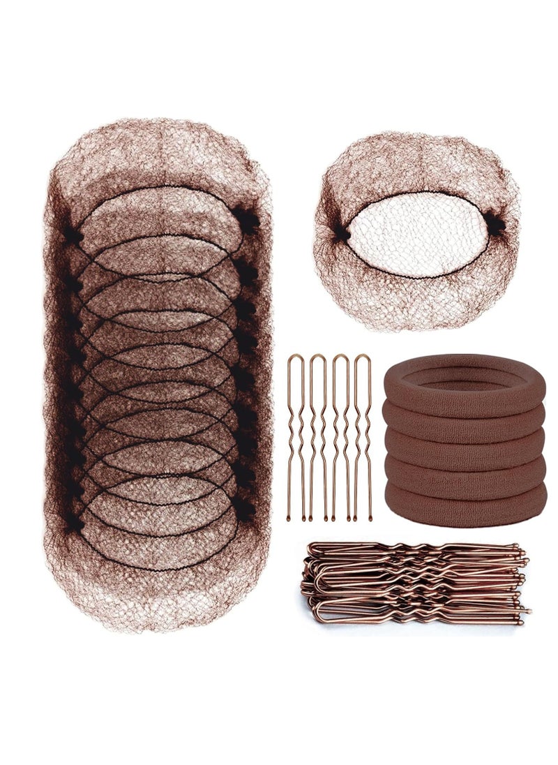 TsMADDTs TsMADDTs Hair Nets and U Shaped Pins Set - 30 Hair Nets, 30 2.4 INCH Hair Pins, 5 Hair Bands, Brown  - Image 1