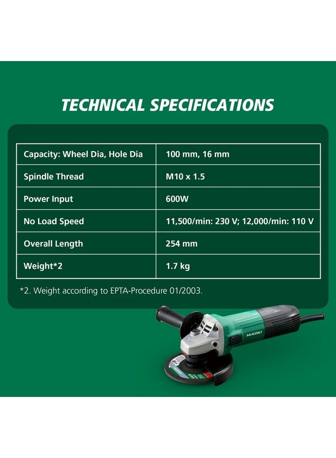 Hikoki HIKOKI Corded Angle Grinder | 600W Powerful Motor | 0-V Restart Protection | 1.7 KG | 12000 RPM | 100mm Wheel Dia | 197mm Grip | Slide Switch | Side Handle | Wrench Included | G10SS2  - Image 5