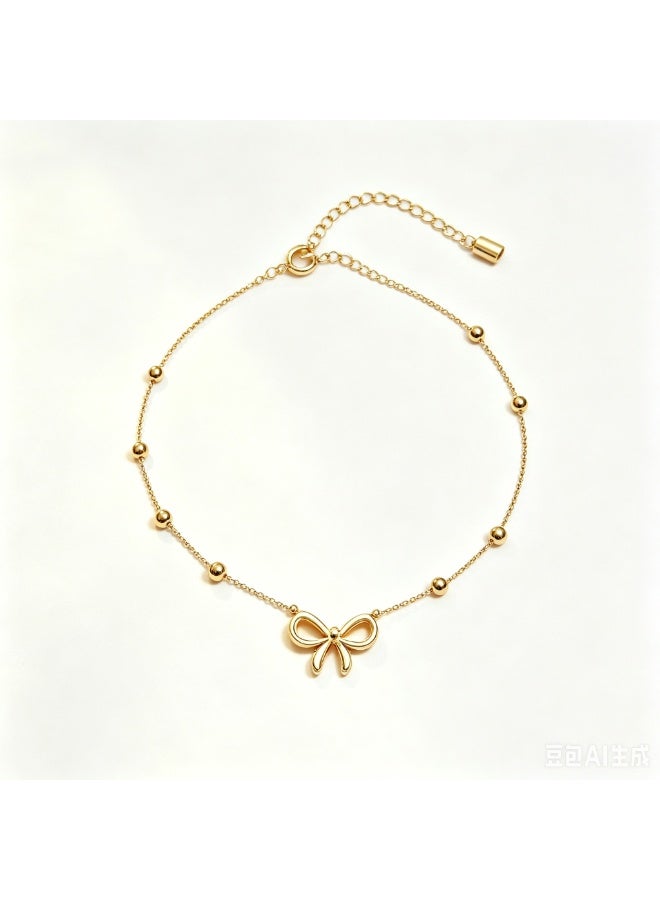XIXI Minimalist Gold Bow Pendant Anklet Adjustable Bead Chain Cute Ladies Ankle Jewellery - Image 3