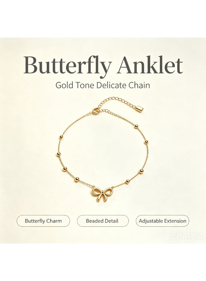XIXI Minimalist Gold Bow Pendant Anklet Adjustable Bead Chain Cute Ladies Ankle Jewellery - Image 4