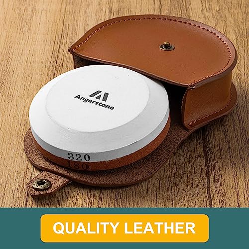 Angerstone Axe Sharpener - Multipurpose Axe/Hatchet Sharpening Stone - Whetstone Blade & Tool Sharpener, Dual Grit 180/320 Sharpening Puck with Leather Sheath - Image 4