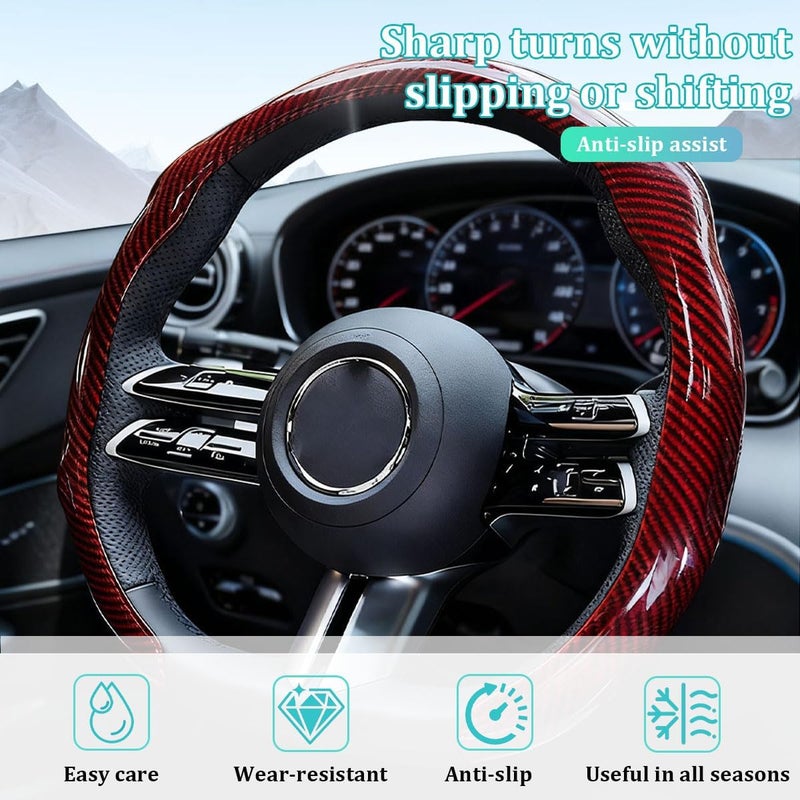 Sandfren Carbon Fiber Car Steering Wheel Cover, Non-Slip Comfortable Vehicle Steering Protector, Automotive Interior Wheel Wrap Cover Decoration Accessories, Universal Fit (Red) - Image 3