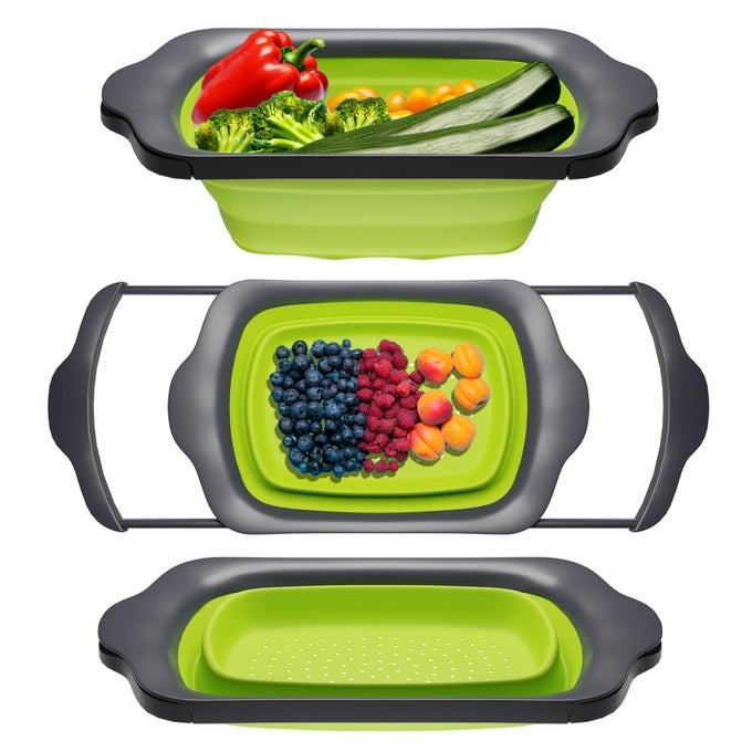 XL LARGE KITCHEN STRAINER BY COLLAPSIBLE SILICONE OVERTHESINK COLANDER WITH EXTENDABLE HANDLES USE WITH PASTA FRUIT BERRIES VEGGIE 6 QUART GREEN