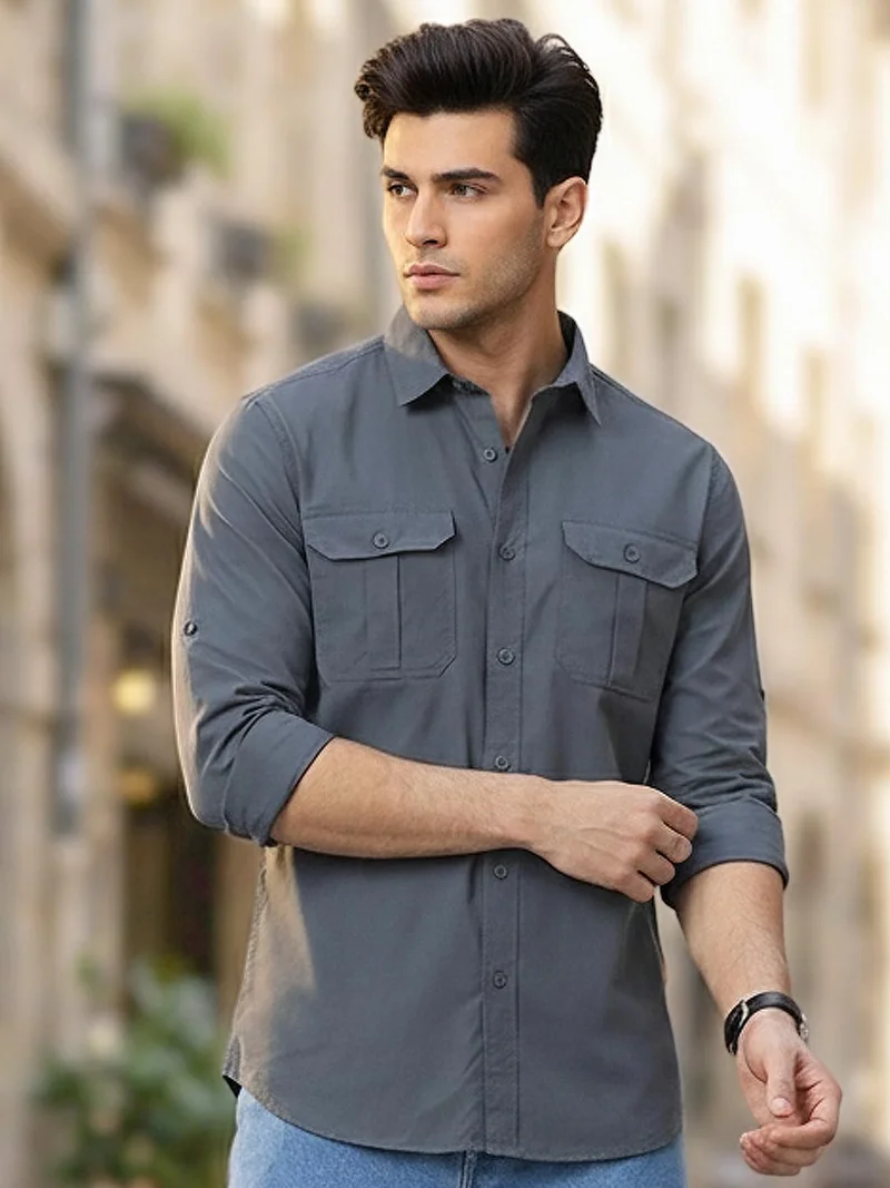Urbano Fashion Urbano Fashion Men's Dark Grey Cotton Full Sleeve Regular Fit Casual Solid Shirt