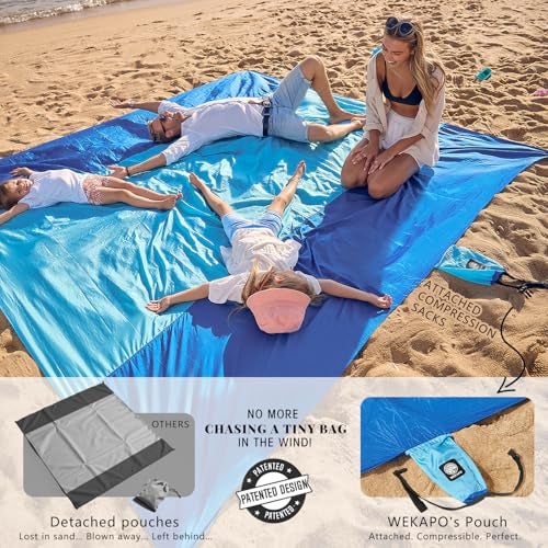 WEKAPO Beach Blanket Sandproof, Extra Large Beach Mat, Big & Compact Sand Free Mat Quick Drying, Lightweight & Durable with 6 Stakes & 4 Corner Pockets (Blue, 9x7 FT (1～5 Person)) - Image 3
