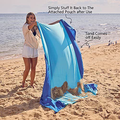 WEKAPO Beach Blanket Sandproof, Extra Large Beach Mat, Big & Compact Sand Free Mat Quick Drying, Lightweight & Durable with 6 Stakes & 4 Corner Pockets (Blue, 9x7 FT (1～5 Person)) - Image 5