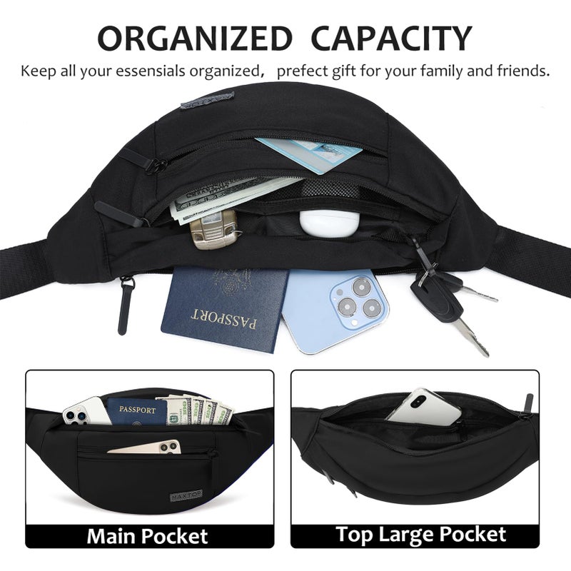 MAXTOP Large Crossbody Fanny Pack Waist Pack with 4-Zipper Pockets Hiking Travel Essentials for Women Men Belt Bag, for Hiking Running Travel Cycling,Black - Image 3