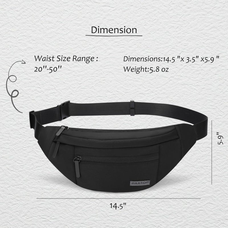 MAXTOP Large Crossbody Fanny Pack Waist Pack with 4-Zipper Pockets Hiking Travel Essentials for Women Men Belt Bag, for Hiking Running Travel Cycling,Black - Image 5