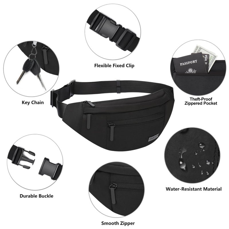 MAXTOP Large Crossbody Fanny Pack Waist Pack with 4-Zipper Pockets Hiking Travel Essentials for Women Men Belt Bag, for Hiking Running Travel Cycling,Black - Image 4