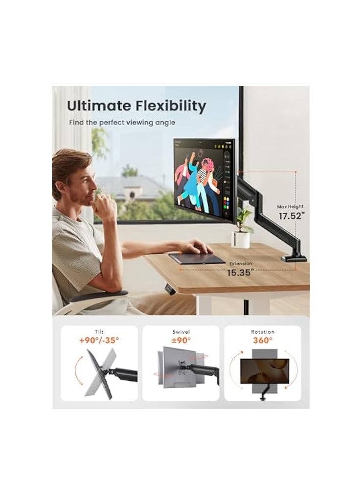 PROMASS Single Monitor Arm for 13-32 inch Screens, Adjustable Gas Spring Monitor Mount Holds up to 22 lbs, Computer Monitor Stand with VESA Mount, C-Clamp & Grommet Base, Max VESA 100x100mm, EGSS15B - Image 4