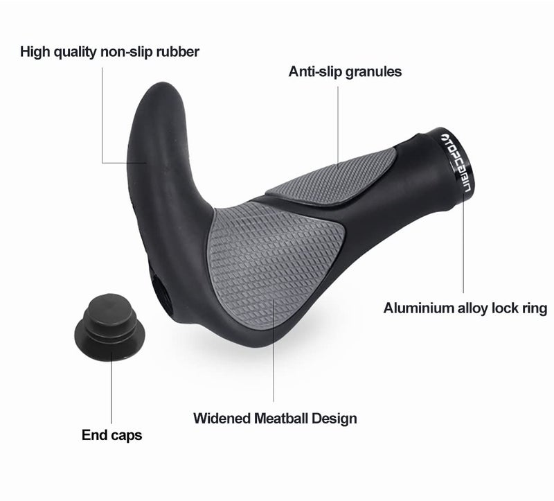 TOPCABIN Ergonomic Bicycle Grips - Widen Holding Rubber Bike Handlebar Grips with Aluminum LockGrips for Mountain & Road Bikes (Big Horn Shape, Black & Grey) - Image 3