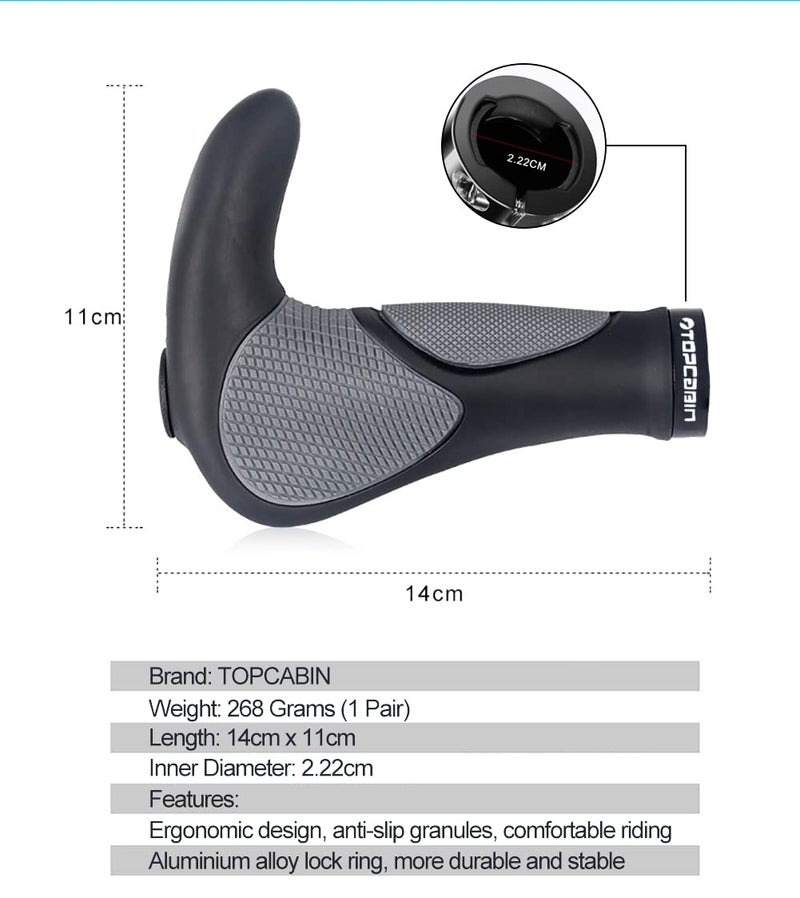 TOPCABIN Ergonomic Bicycle Grips - Widen Holding Rubber Bike Handlebar Grips with Aluminum LockGrips for Mountain & Road Bikes (Big Horn Shape, Black & Grey) - Image 2