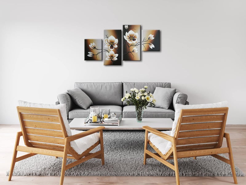 Wieco Art لوحة زيتية تجريدية زهرية مرسومة يدويًا 100% على قماش من ويكو آرت، زهور صفراء دافئة جاهزة للتعليق لغرفة المعيشة وغرفة النوم وزينة المنزل 4 قطع/طقم - Image 3
