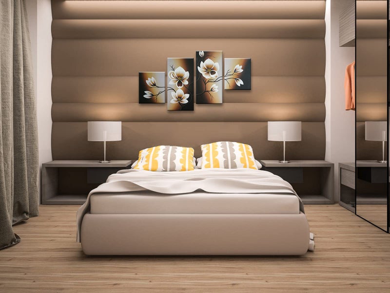 Wieco Art لوحة زيتية تجريدية زهرية مرسومة يدويًا 100% على قماش من ويكو آرت، زهور صفراء دافئة جاهزة للتعليق لغرفة المعيشة وغرفة النوم وزينة المنزل 4 قطع/طقم - Image 2