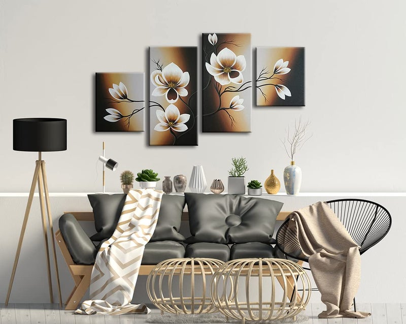 Wieco Art لوحة زيتية تجريدية زهرية مرسومة يدويًا 100% على قماش من ويكو آرت، زهور صفراء دافئة جاهزة للتعليق لغرفة المعيشة وغرفة النوم وزينة المنزل 4 قطع/طقم - Image 4