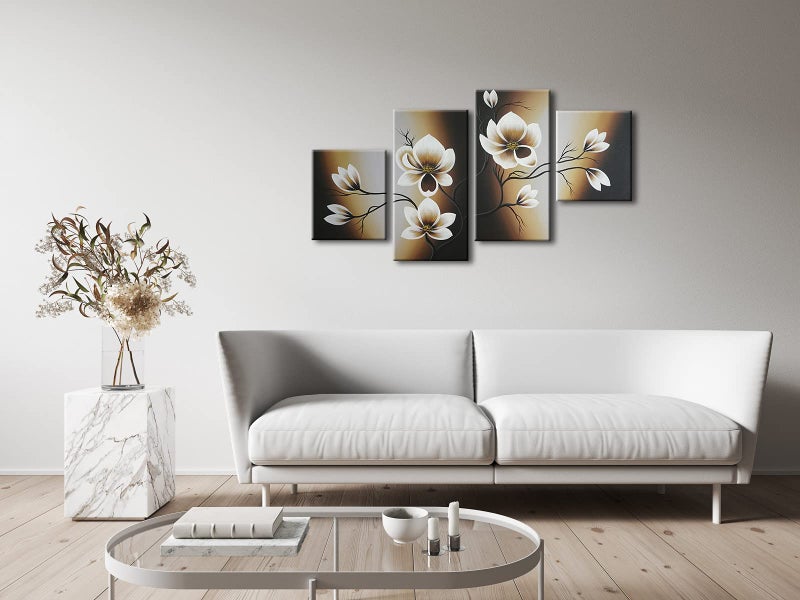 Wieco Art لوحة زيتية تجريدية زهرية مرسومة يدويًا 100% على قماش من ويكو آرت، زهور صفراء دافئة جاهزة للتعليق لغرفة المعيشة وغرفة النوم وزينة المنزل 4 قطع/طقم - Image 5