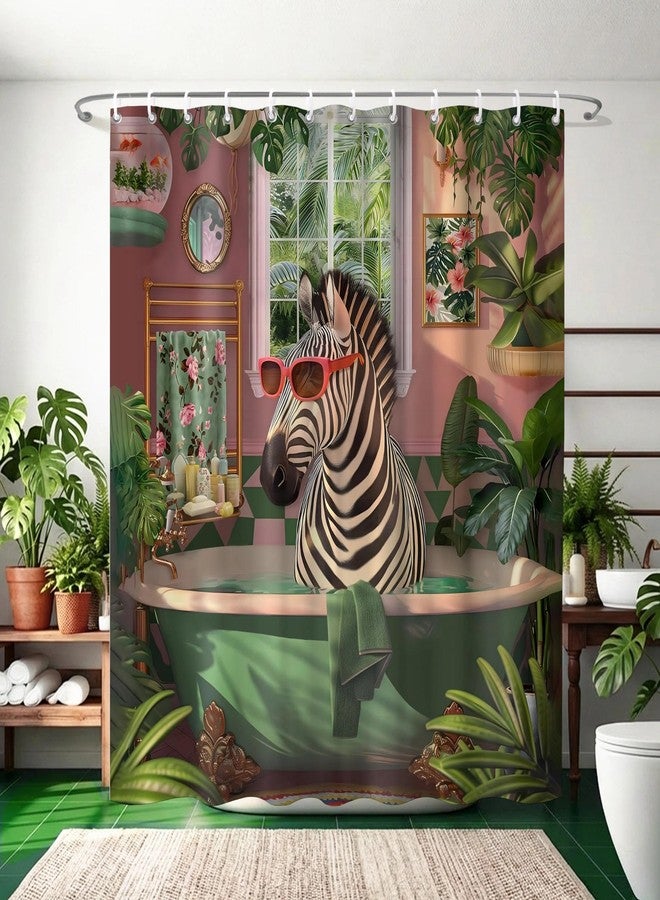 TSLOVER Funny Zebra Shower Curtain,Animal Print Bathroom Curtains,Tropical Botanical Waterproof Polyester Fabric Bath Curtain Decor,72x72 Inches - Image 1