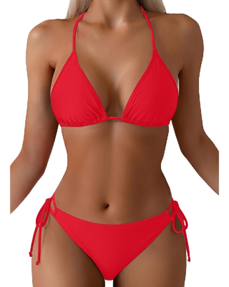 Tempt Me Women Red Triangle Bikini Sets Halter Two Piece Sexy Swimsuit String Tie Side Bathing Suit XS - Image 1