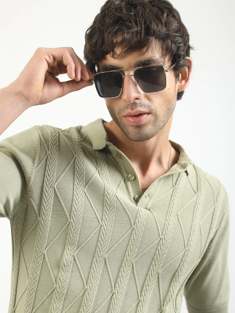 Maniac Maniac Mens Textured Polo Neck Half Sleeve Pista Green Cotton Polo T-Shirt