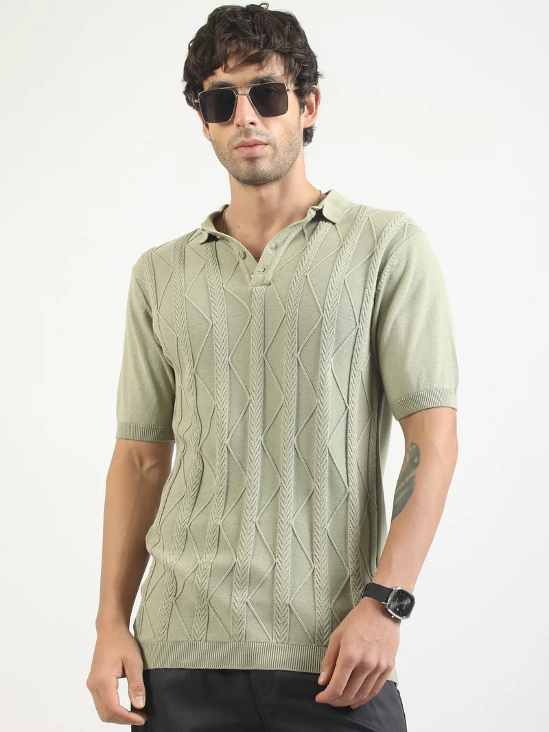 Maniac Maniac Mens Textured Polo Neck Half Sleeve Pista Green Cotton Polo T-Shirt