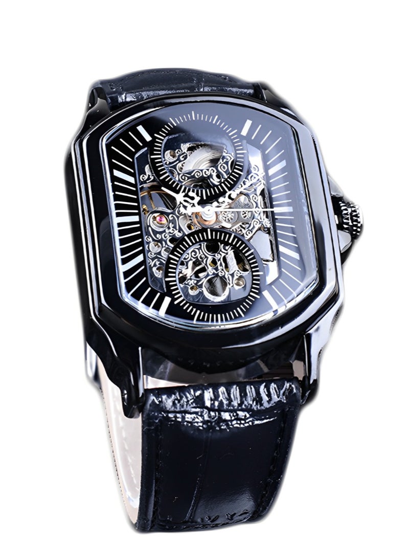 FORSINING ​​Forsining Men's Fashion Skeleton Watch - All-Black Case with Openworked Dial, Automatic Movement, Modern Industrial Design, Business Casual Style for Daily Wear & Formal Occasions​​ - Image 1