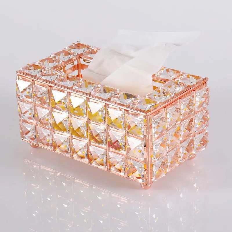 Factory direct supply European crystal tissue box living room home creative light luxury tissue box dining table paper box "Rose gold" seven tissue box 20*12*9.5cm