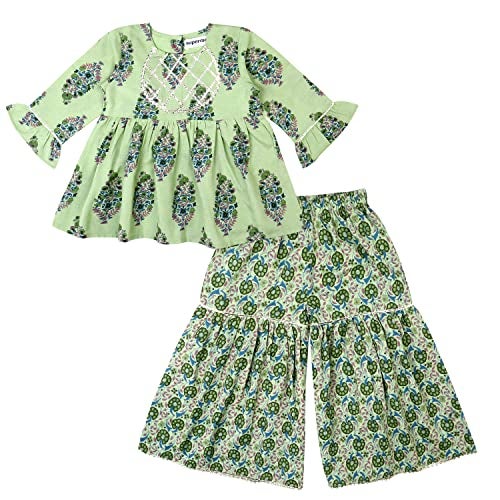 superminis Baby Girls Floral Printed Cotton Kurti Sharara Set (6-12 Months, Green) - Image 1