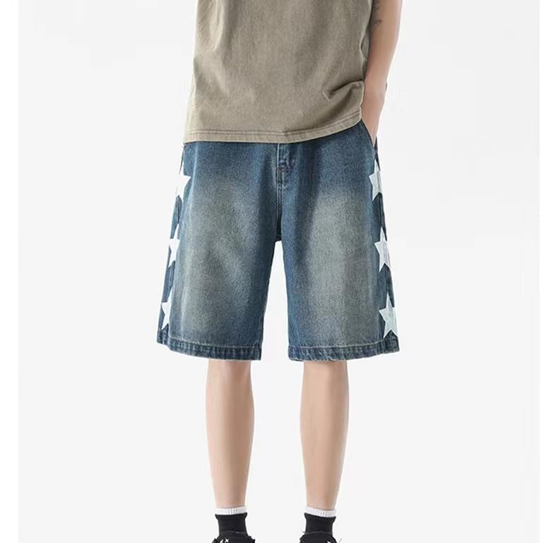 POHADON Y2K Blue Denim Shorts Summer Casual Loose Straight Leg Unisex Baggy Jeans Shorts Jorts Grunge Harajuku Streetwear (Denim,XL) - Image 4