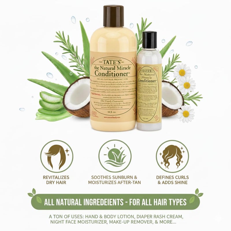 Tate's Tateâ€™s Natural Miracle Conditioner â€“ 18 fl oz with FREE 5 fl oz Mini, Unscented Natural Hair Conditioner for Dry, Damaged & Color-Treated Hair, Deep Moisturizing Repair, Multi-Use Skin & Body Lotion - Image 3