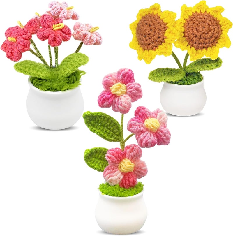 Jusen 3pcs Crochet Flowers Cute Potted Flower,Mini Flower Bouquet for Mom Wife, Cute Desk Decor for Women,Artificial Handmade Flowers for Car Dashboard,Home Office Decoration (Color#1) - Image 1