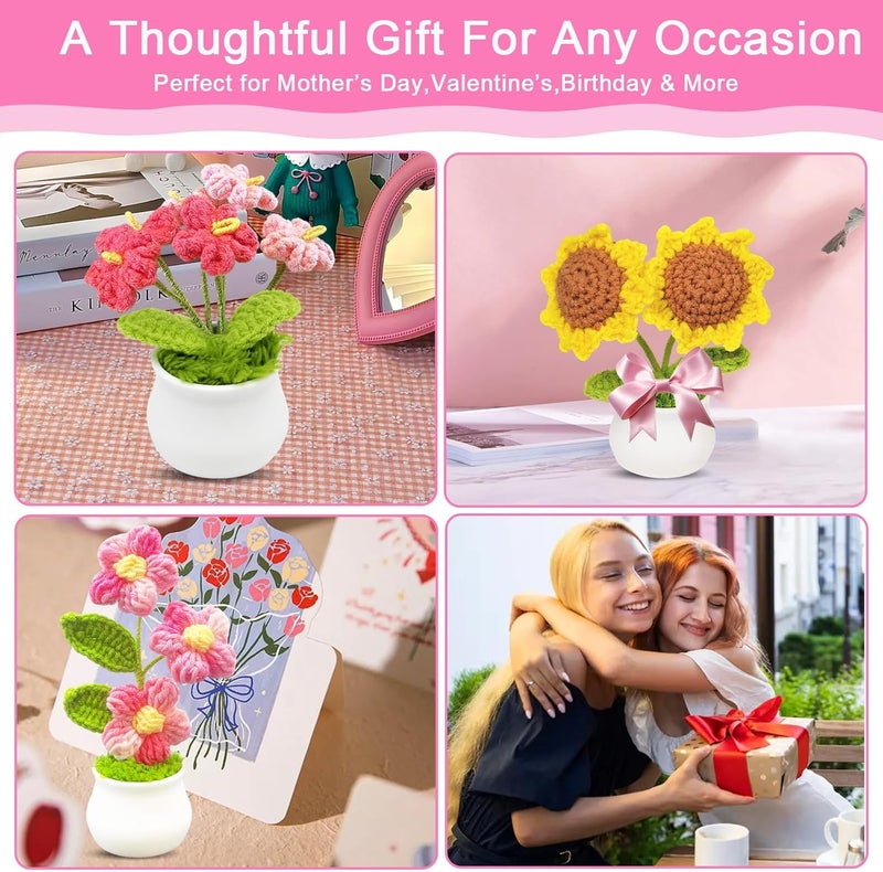 Jusen 3pcs Crochet Flowers Cute Potted Flower,Mini Flower Bouquet for Mom Wife, Cute Desk Decor for Women,Artificial Handmade Flowers for Car Dashboard,Home Office Decoration (Color#1) - Image 4