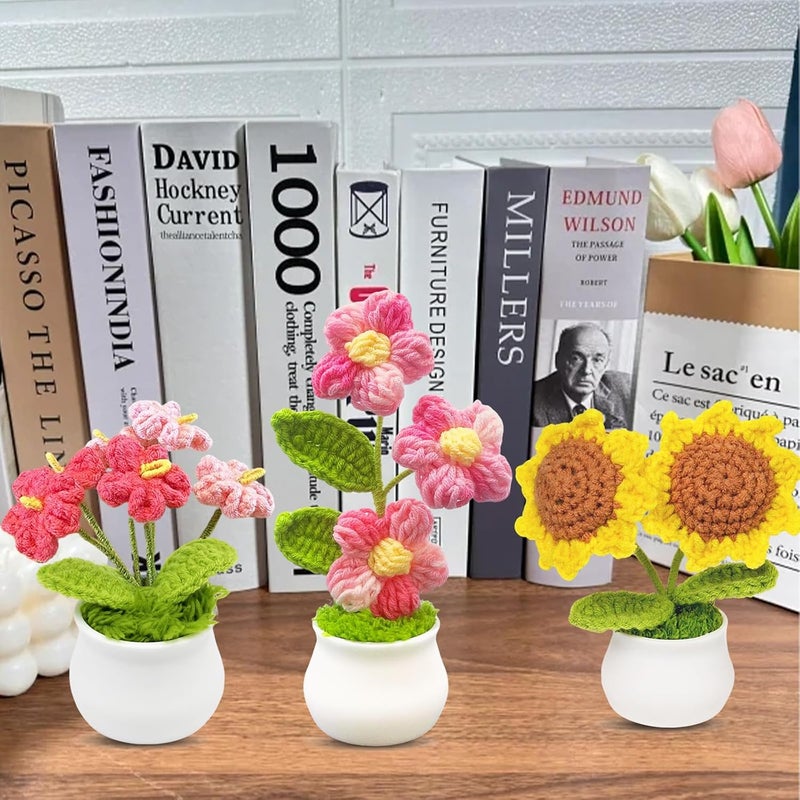 Jusen 3pcs Crochet Flowers Cute Potted Flower,Mini Flower Bouquet for Mom Wife, Cute Desk Decor for Women,Artificial Handmade Flowers for Car Dashboard,Home Office Decoration (Color#1) - Image 3