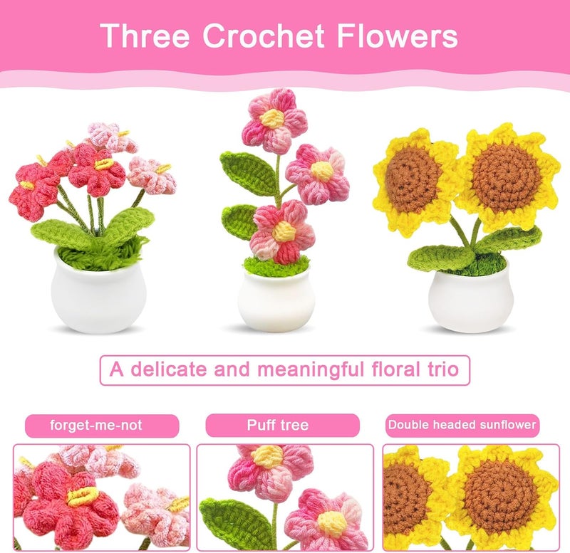 Jusen 3pcs Crochet Flowers Cute Potted Flower,Mini Flower Bouquet for Mom Wife, Cute Desk Decor for Women,Artificial Handmade Flowers for Car Dashboard,Home Office Decoration (Color#1) - Image 2