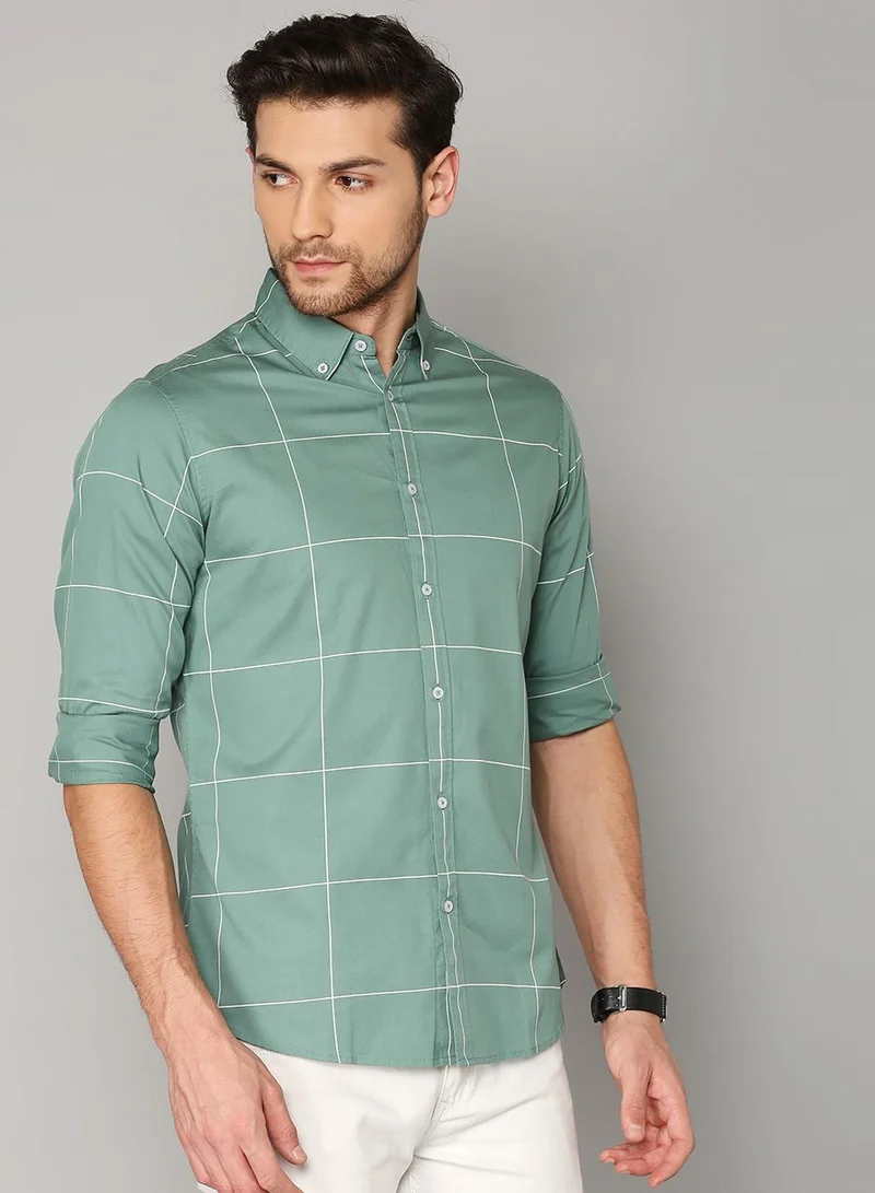 Dennis Lingo Slim Fit Green Casual Shirt - 100% Cotton