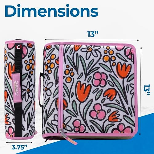 Case it Case-it Mighty Zip Tab School Zipper Binder | 3-Inch O-Rings, 600-Sheet Capacity, 5-Subject Expanding File Folder, Multiple Pockets & Storage Organizer, Shoulder Strap | D-146 Fun Flowers - Image 2