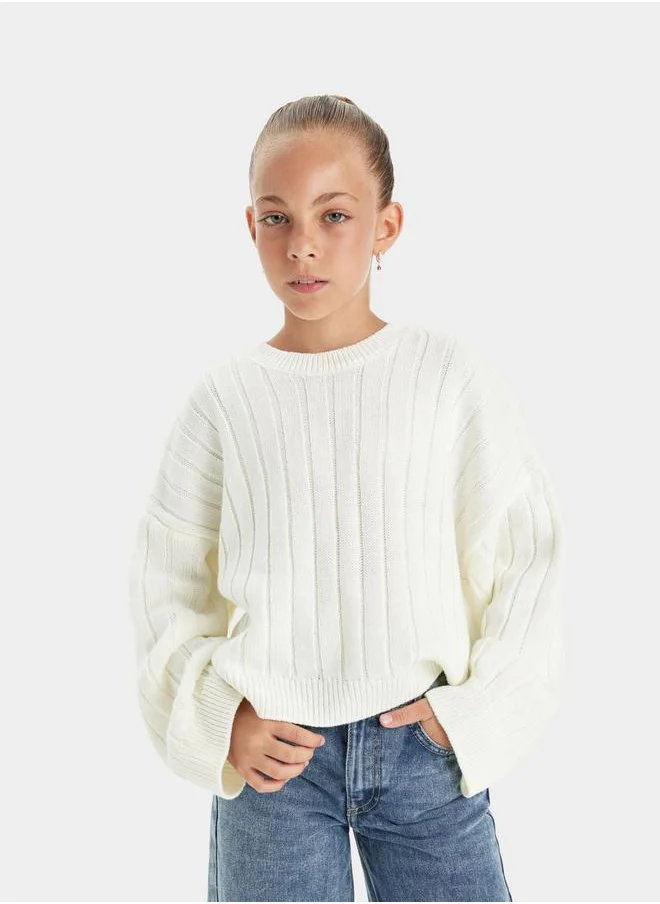 ديفاكتو Textured Oversized Round Neck Knit Sweater by Styli