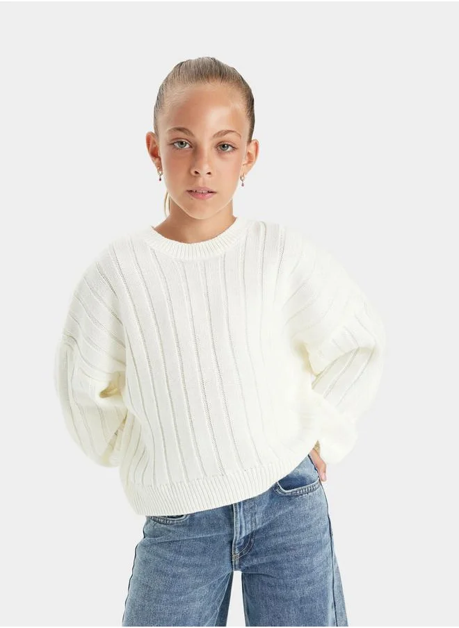 ديفاكتو Textured Oversized Round Neck Knit Sweater