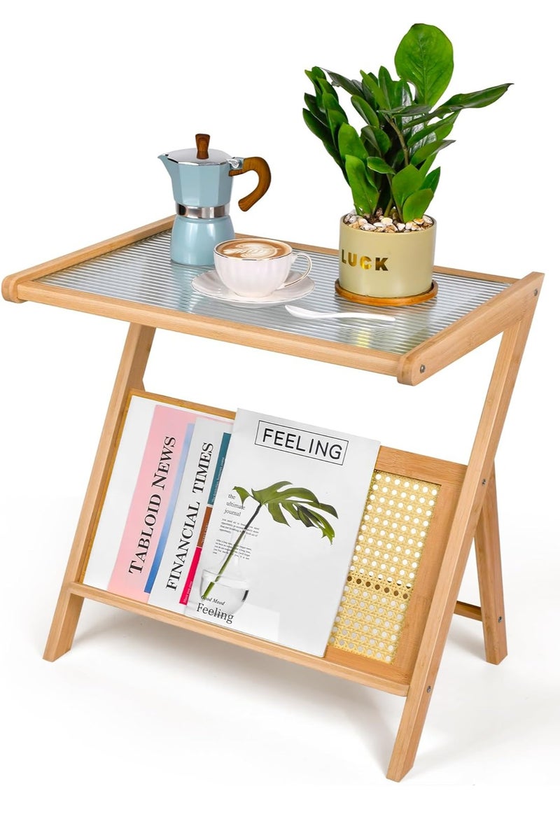 Generic 𝐅𝐅𝐃 Z Shaped Side Table with Storage, Bamboo & Glass End Table for Sofa, Bed, Office – Removable Glass Top, Modern Rattan Nightstand for Small Spaces – Easy Assembly, Compact Design"  - Image 1