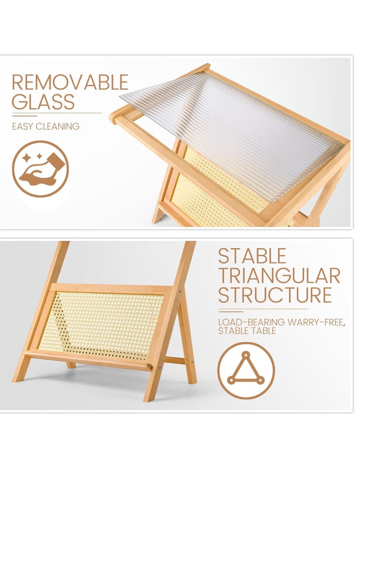 Generic 𝐅𝐅𝐃 Z Shaped Side Table with Storage, Bamboo & Glass End Table for Sofa, Bed, Office – Removable Glass Top, Modern Rattan Nightstand for Small Spaces – Easy Assembly, Compact Design"  - Image 3