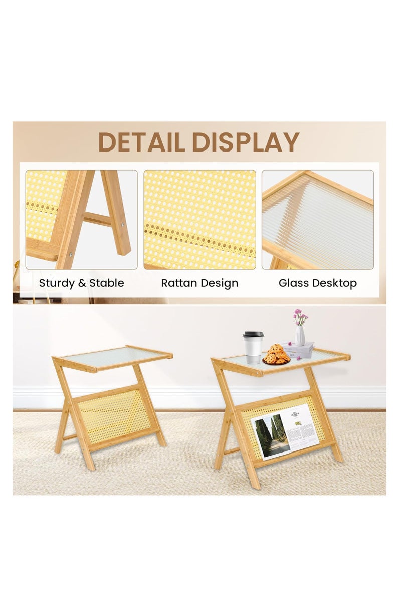 Generic 𝐅𝐅𝐃 Z Shaped Side Table with Storage, Bamboo & Glass End Table for Sofa, Bed, Office – Removable Glass Top, Modern Rattan Nightstand for Small Spaces – Easy Assembly, Compact Design"  - Image 5