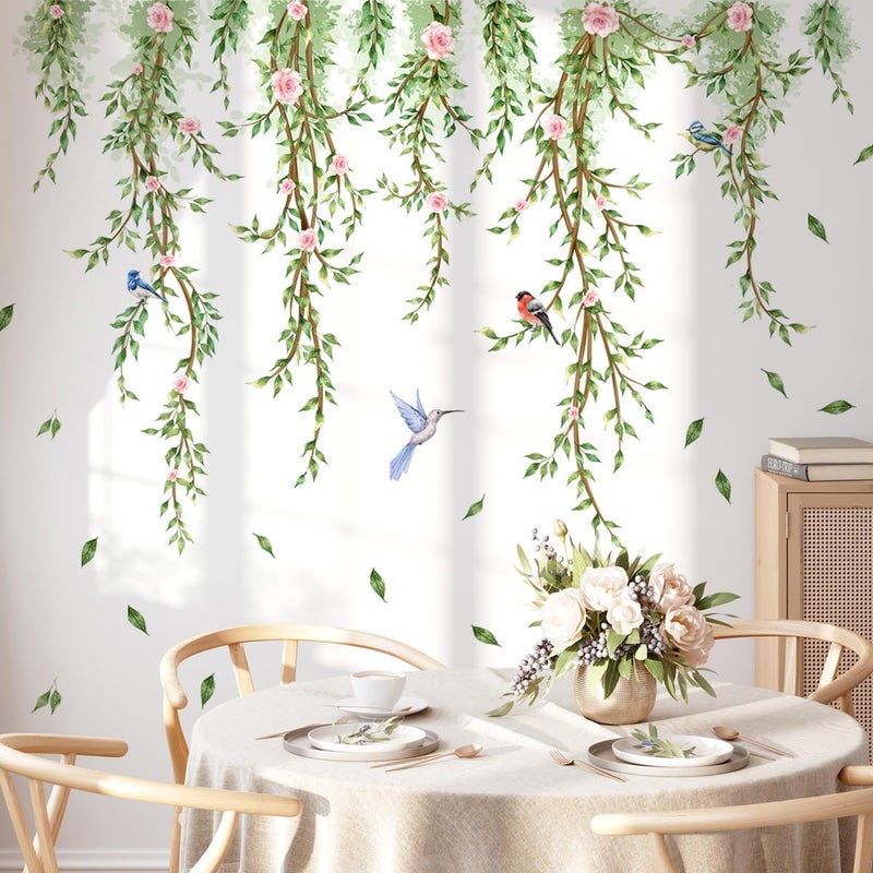 Runtoo Runtoo Hanging Vines with Flowers Wall Decals Green Plant Leaves Bird Wall Stickers for Bedroom Living Room Wall Art Decor  - Image 1