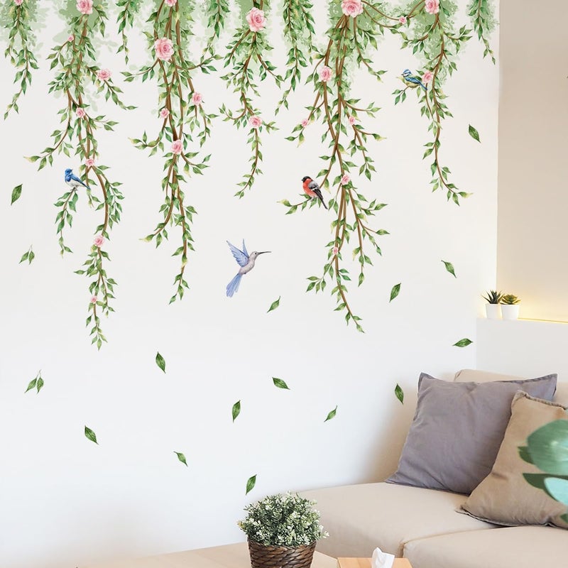 Runtoo Runtoo Hanging Vines with Flowers Wall Decals Green Plant Leaves Bird Wall Stickers for Bedroom Living Room Wall Art Decor  - Image 3